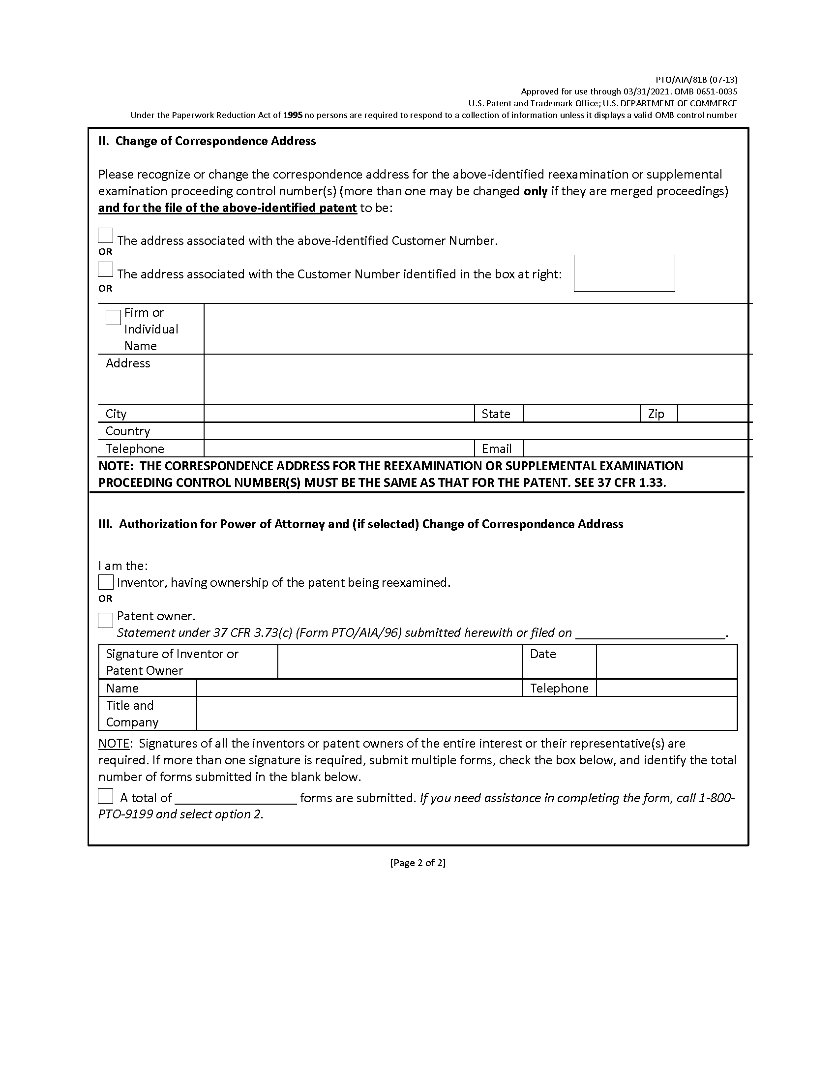 PTO/AIA/81B. Reexamination or Supplemental Examination - Patent Owner Power of Attorney or Revocation of Power of Attorney with a New Power of Attorney and Change of Correspondence Address (Page 2 of 2)