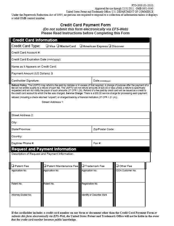 Form PTO-2038. Credit Card Payment Form