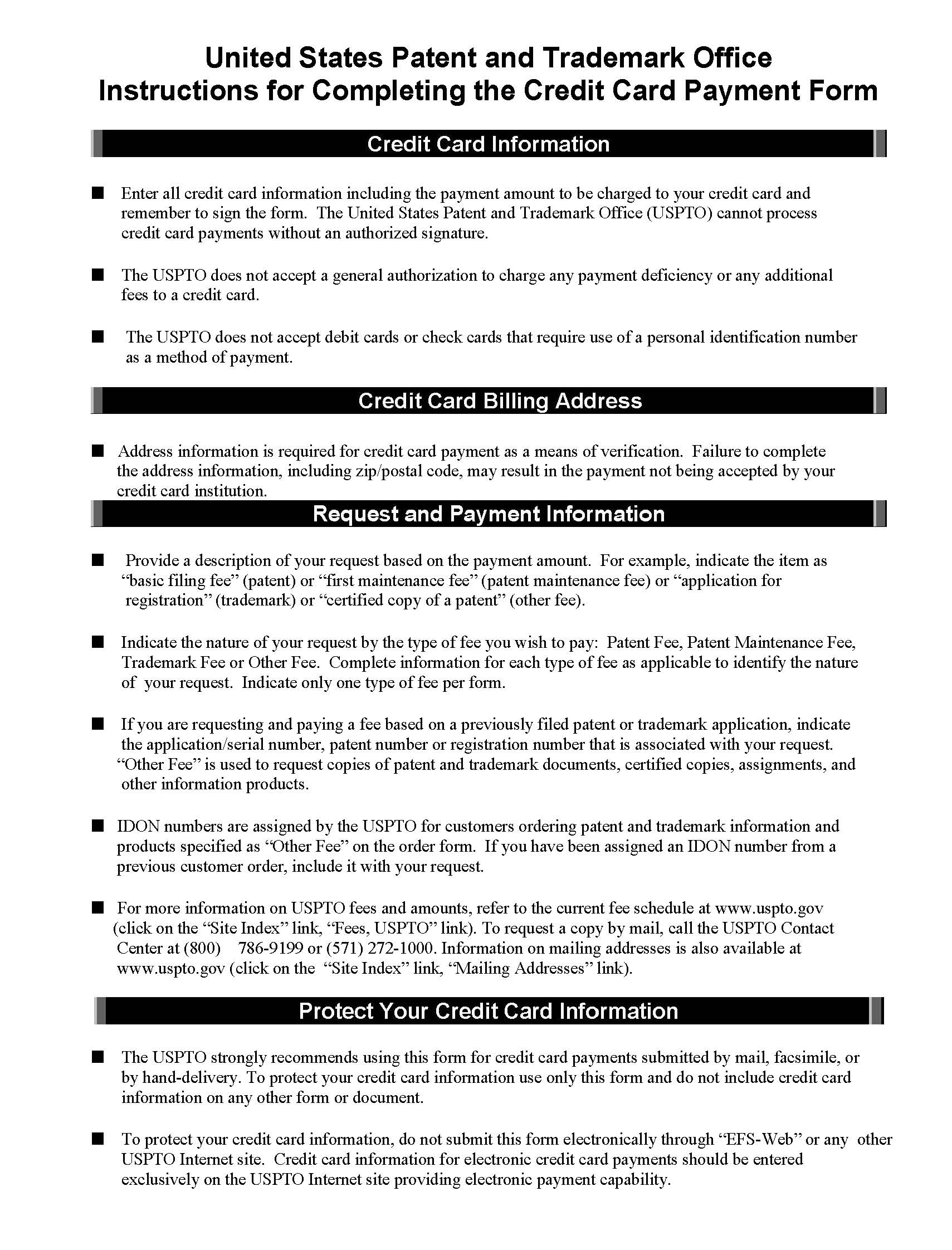 United States Patent and Trademark Office Instructions for Completing the Credit Card Payment Form